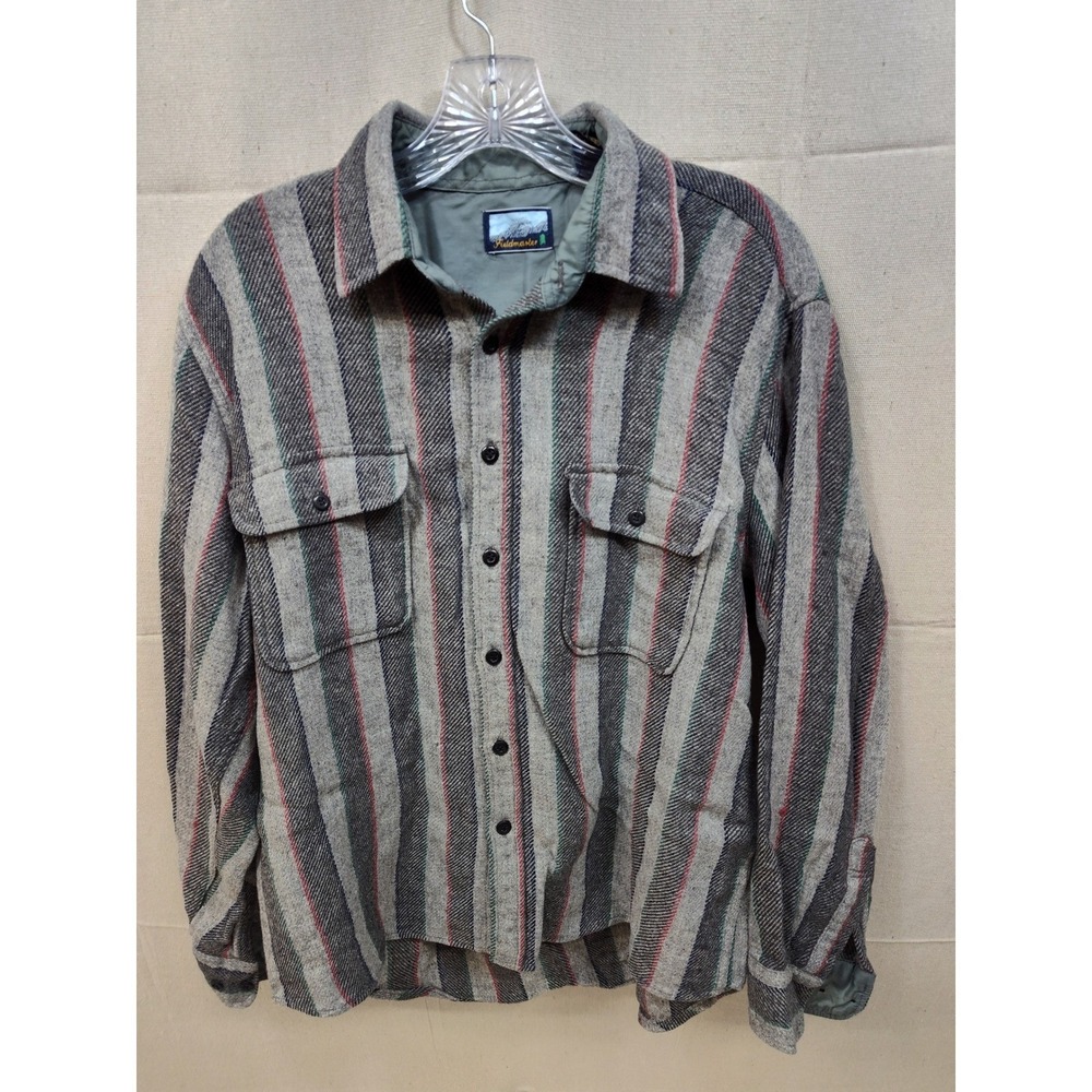Vintage Fieldmaster Wool Blend Striped Shirt Grey Red Green‎ Lined Flannel L